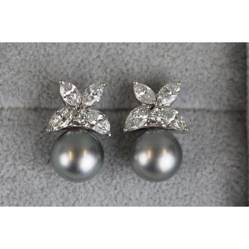 97 - Fine pair of 18ct white gold pearl & diamond earrings