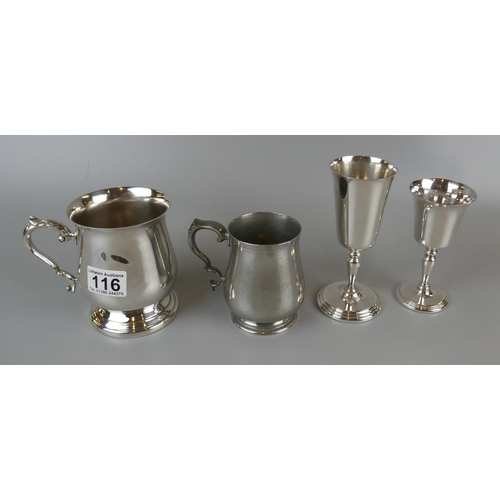 116 - 2 silver plated goblets and 2 tankards