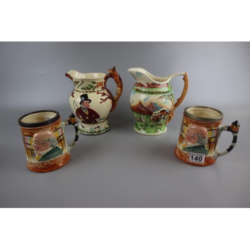 140 - 2 Crown Devon musical jugs and two character tankards