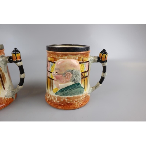 140 - 2 Crown Devon musical jugs and two character tankards