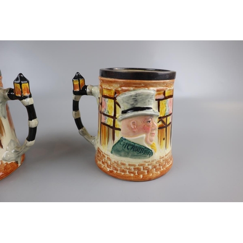 140 - 2 Crown Devon musical jugs and two character tankards