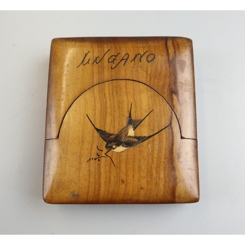 112 - Olive wood pocket watch holder featuring swallow motif with red velvet lining