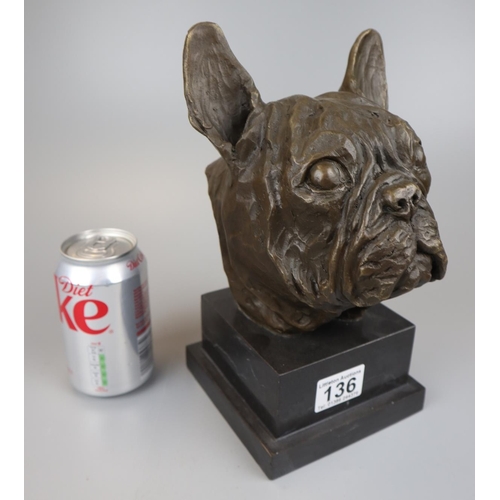 136 - Bronze bust on marble base - French bulldog - Approx H: 27cm