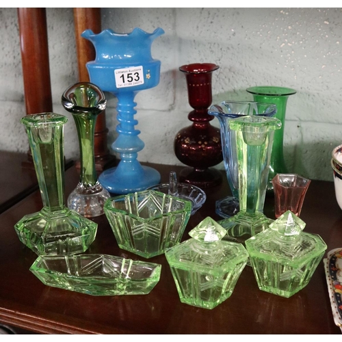 153 - Collection of coloured glass to include Uranium glass & Scandinavian bud vase