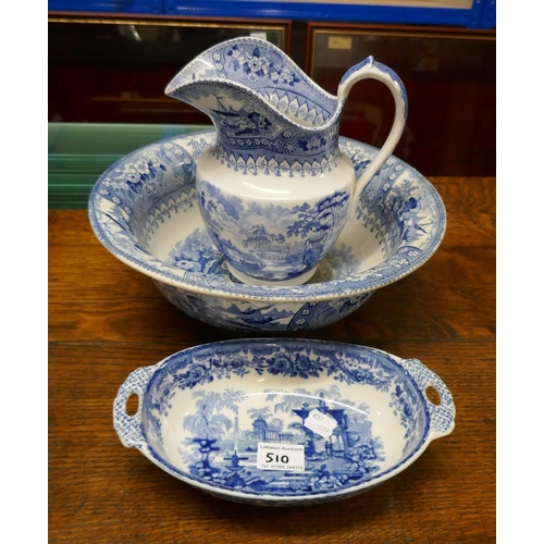 510 - Blue and white wash bowl and jug with blue and white dish