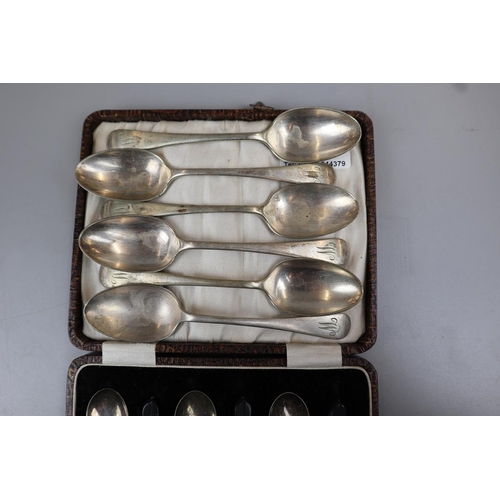 2 - Hallmarked silver cased set of 6 spoons with 6 silver plate spoons