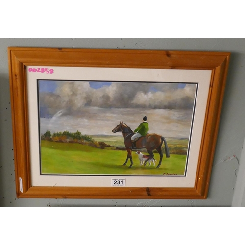 231 - Watercolour horse and jockey signed M Kennedy
