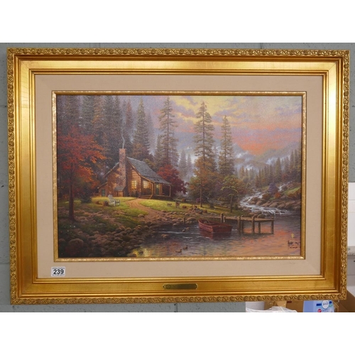 239 - L/E signed print on canvas - A Peaceful Retreat by Thomas Kinkade - Approx. image size 67cm x 44cm