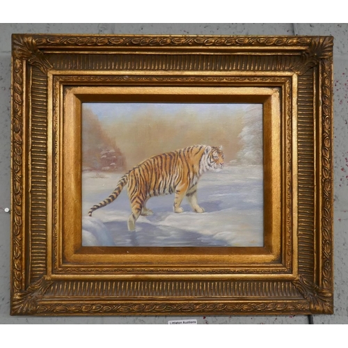 242 - Oil on board Tiger in the Snow by Johnny Gaston - Approx. image size 24cm x 19cm
