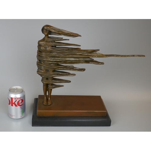 256 - Bronze wind blown figure on marble base - Approx. height 36cm