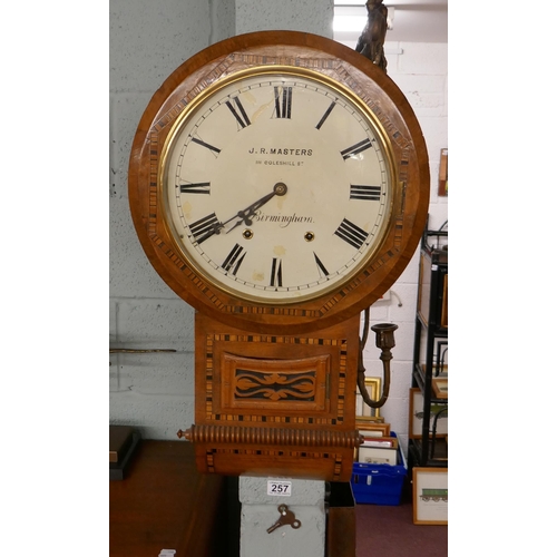 257 - Inlayed walnut American drop dial clock marked J R Masters of Birmingham in working order