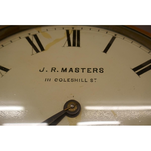 257 - Inlayed walnut American drop dial clock marked J R Masters of Birmingham in working order