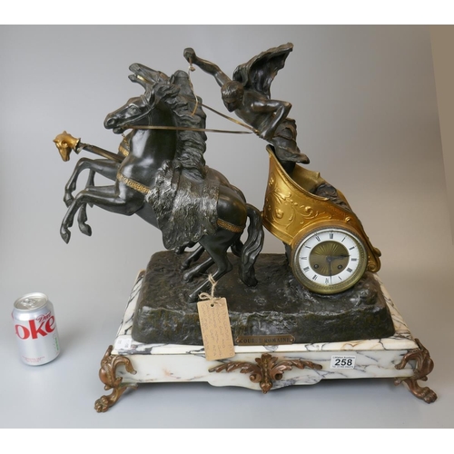 258 - 19thC metal and gilt centurion on horse drawn chariot clock and garnitures on marble base with ormol... 