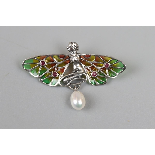 31 - Silver enamel Pearl & Ruby fairy brooch