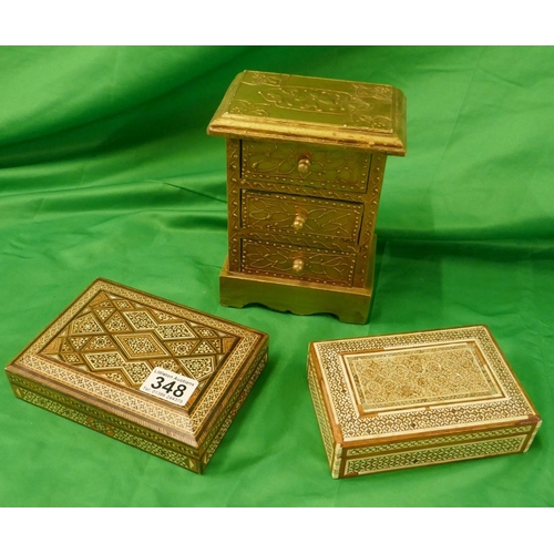 348 - 2 inlaid trinket boxes and miniature chest of drawers