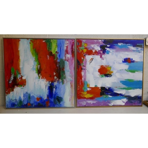 397 - Pair of modern abstract oils signed Barry - Approx. image size 72cm x 72cm