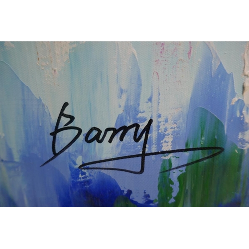 397 - Pair of modern abstract oils signed Barry - Approx. image size 72cm x 72cm