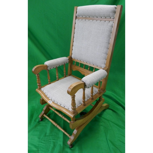 431 - Colonial style American maple wood rocking chair circa 1910 recently restored and reupholstered