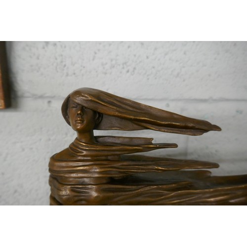 256 - Bronze wind blown figure on marble base - Approx. height 36cm