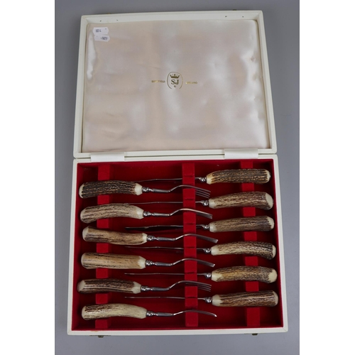 161 - Cased horn-handled knife and fork set - Sheffield