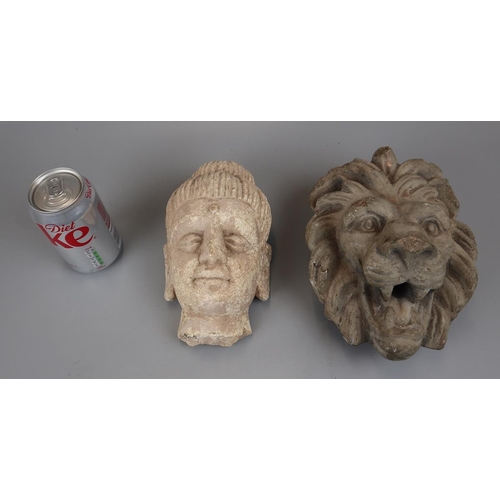 163 - 2 stone face masks lion and Buddha