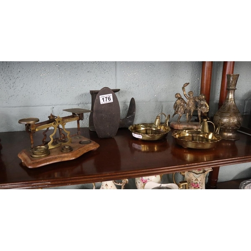 176 - Collection of metal ware to include post office scales & candle holders