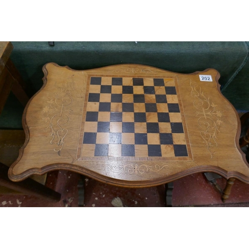 202 - Small antique walnut inlaid games table - Approx L: 58cm W: 38cm H: 68cm