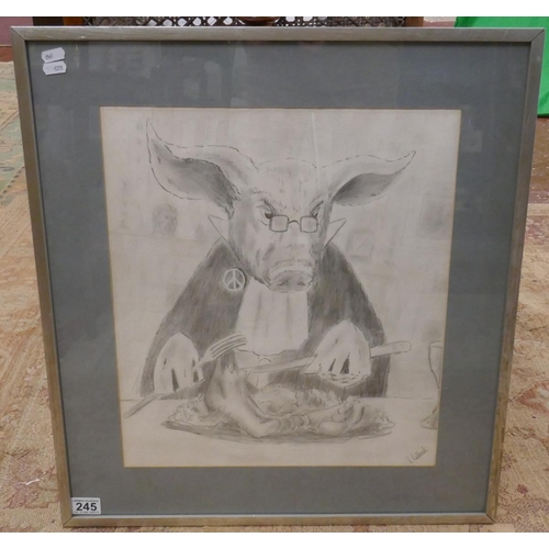 245 - Pencil sketch - Pig caricature signed R Rushbrook - Image size: 41cm x 46cm