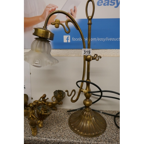 319 - 2 brass table lamps & wall sconce