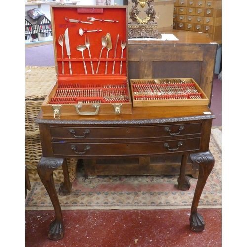 330 - Oak bow fronted cutlery chest to include cased canteen of gold tone cutlery by Royal Bamboo - Approx... 