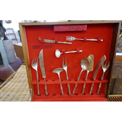 330 - Oak bow fronted cutlery chest to include cased canteen of gold tone cutlery by Royal Bamboo - Approx... 