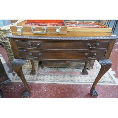 330 - Oak bow fronted cutlery chest to include cased canteen of gold tone cutlery by Royal Bamboo - Approx... 