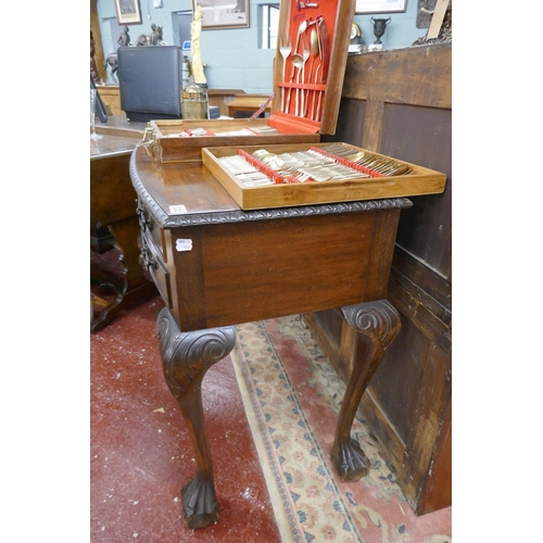 330 - Oak bow fronted cutlery chest to include cased canteen of gold tone cutlery by Royal Bamboo - Approx... 