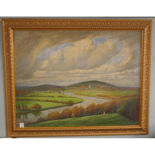 342 - Herbert E Gibbs (b1878) - Large oil on canvas - Fladbury on the River Avon - Signed lower right - Im... 