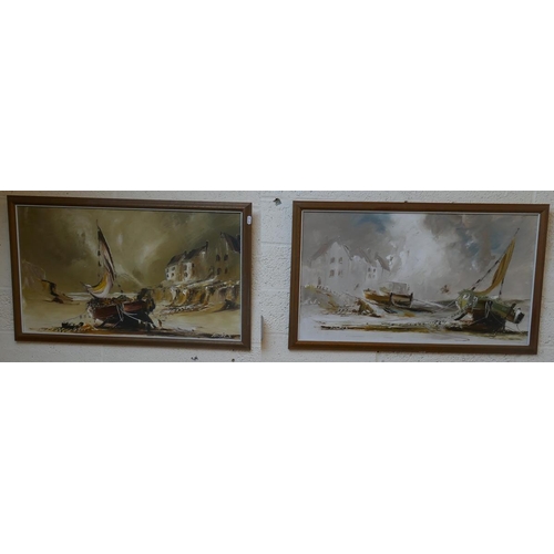 409 - Pair of oils on board - Fishing Boats signed Hawkes