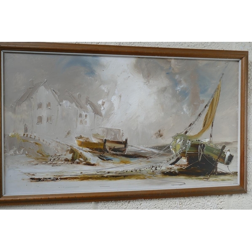 409 - Pair of oils on board - Fishing Boats signed Hawkes