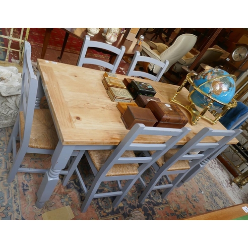 412 - Scrub top pine table with 6 rush seated chairs - Approx L: 160cm W: 80cm H: 76cm