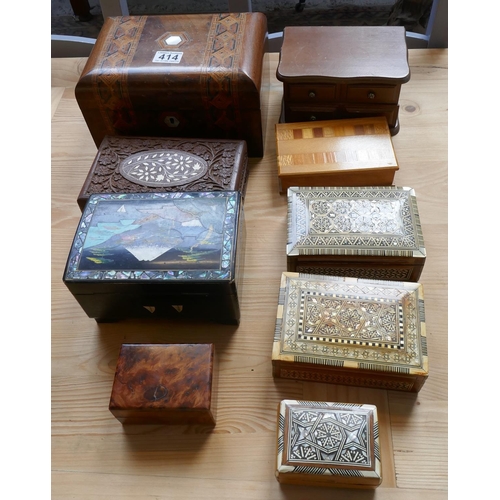 414 - Collection of wooden boxes to include Tunbridge ware