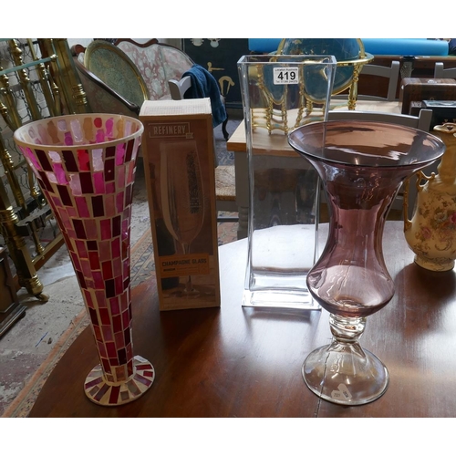 419 - 3 glass vases with extra large champagne flute