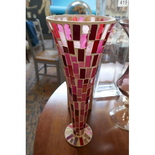 419 - 3 glass vases with extra large champagne flute