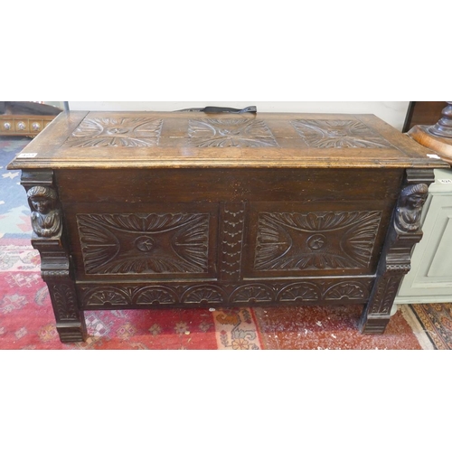 423 - Antique carved oak coffer - Approx W: 107cm D: 45cm H: 60cm