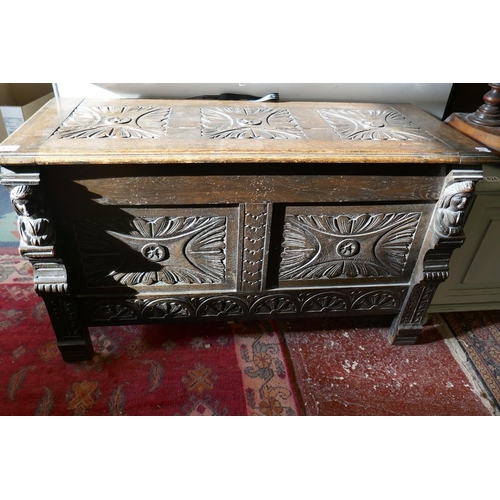 423 - Antique carved oak coffer - Approx W: 107cm D: 45cm H: 60cm