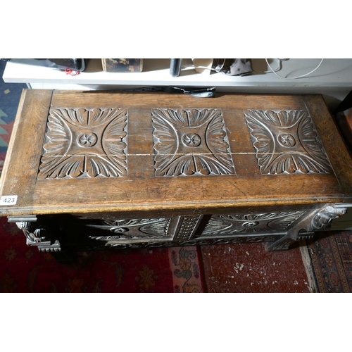 423 - Antique carved oak coffer - Approx W: 107cm D: 45cm H: 60cm