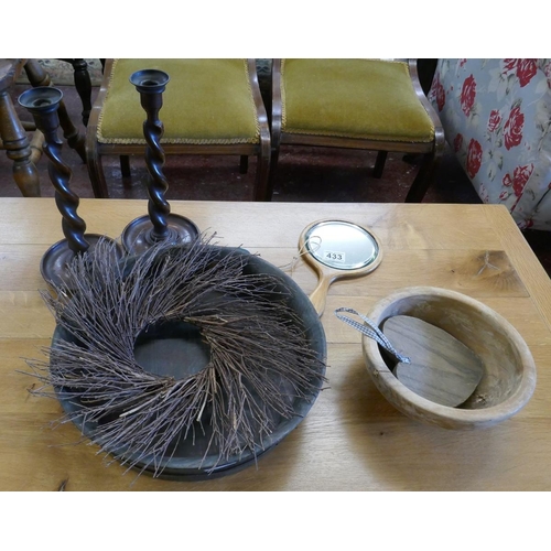 433 - Collection of rustic woodenware to include a pair of barley-twist candlesticks