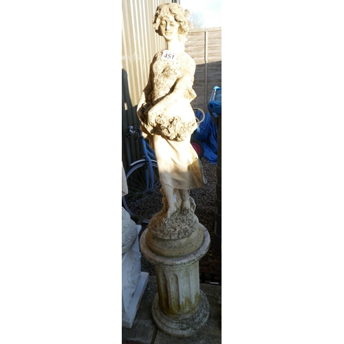 451 - Stone statue of flower girl on plinth - Approx height 103cm