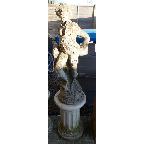 452 - Stone statue of boy on plinth - Approx height 98cm