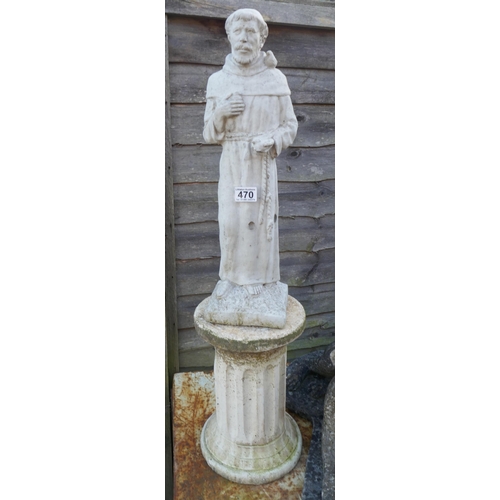 470 - Stone statue of monk on plinth - Approx height 90cm