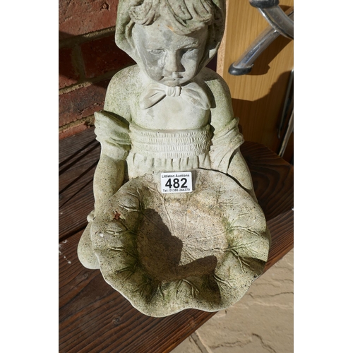 482 - Stone garden bird feeder/bath - Child figure - Approx height 36cm