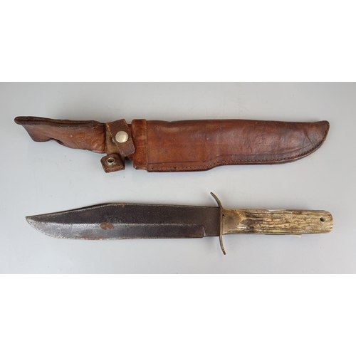 136 - Large original Bowie knife in sheath with horn handle