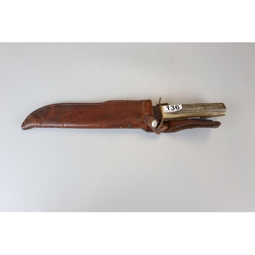 136 - Large original Bowie knife in sheath with horn handle